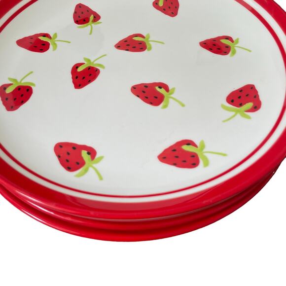 TERRAMOTO Strawberry Summer Ceramic 10.5" Plates Red and White Set of 4 NEW - Picture 6 of 8